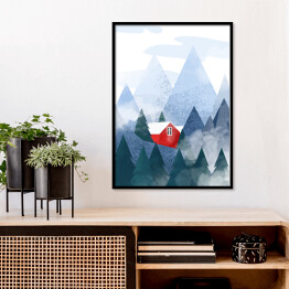Plakat w ramie Czerwony domek w górach - ilustracja