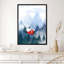 Obraz w ramie Czerwony domek w górach - ilustracja