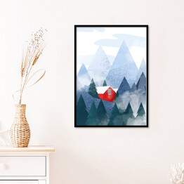 Plakat w ramie Czerwony domek w górach - ilustracja