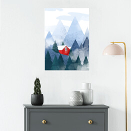 Plakat Czerwony domek w górach - ilustracja