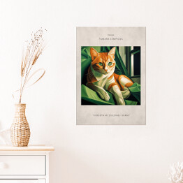 Plakat samoprzylepny Kot portret inspirowany sztuką - Tamara Łempicka "Kobieta w zielonej sukni"