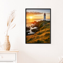 Plakat w ramie Zachód słońca nad morzem Krajobraz z latarnią morską