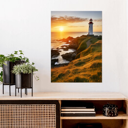 Plakat Zachód słońca nad morzem Krajobraz z latarnią morską