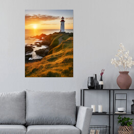 Plakat Zachód słońca nad morzem Krajobraz z latarnią morską
