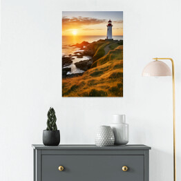 Plakat samoprzylepny Zachód słońca nad morzem Krajobraz z latarnią morską