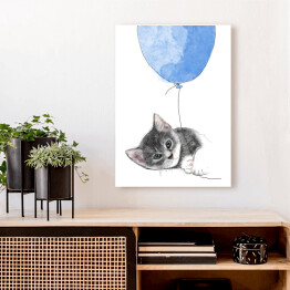 Obraz klasyczny Rysunek kota wpatrzonego w niebieski balon