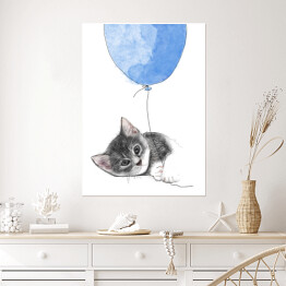 Plakat samoprzylepny Rysunek kota wpatrzonego w niebieski balon