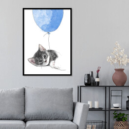 Plakat w ramie Rysunek kota wpatrzonego w niebieski balon