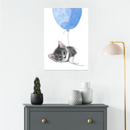 Plakat Rysunek kota wpatrzonego w niebieski balon