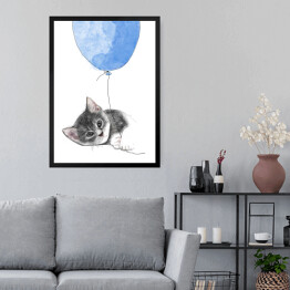 Obraz w ramie Rysunek kota wpatrzonego w niebieski balon