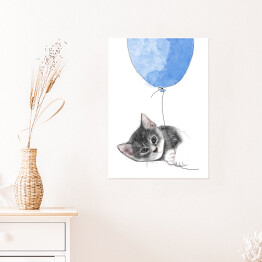 Plakat Rysunek kota wpatrzonego w niebieski balon