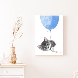 Obraz na płótnie Rysunek kota wpatrzonego w niebieski balon