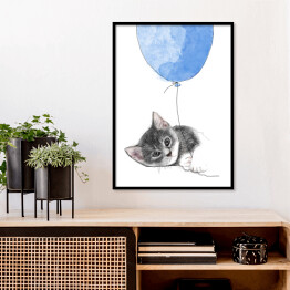 Plakat w ramie Rysunek kota wpatrzonego w niebieski balon