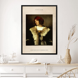 Obraz w ramie Tycjan "Portret mężczyzny w czerwonej czapce" - reprodukcja z napisem. Plakat z passe partout