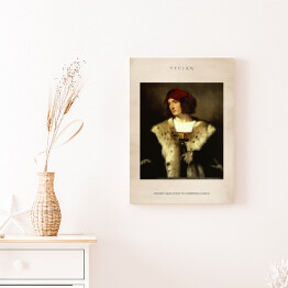 Obraz na płótnie Tycjan "Portret mężczyzny w czerwonej czapce" - reprodukcja z napisem. Plakat z passe partout