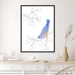 Plakat w ramie Gałęzie drzew i niebiesko beżowy ptak