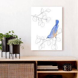 Obraz na płótnie Gałęzie drzew i niebiesko beżowy ptak