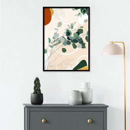 Plakat w ramie Kolekcja #inspiredspace - rośliny - eukaliptus na beżowym tle z białymi okręgami