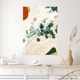 Plakat samoprzylepny Kolekcja #inspiredspace - rośliny - eukaliptus na beżowym tle z białymi okręgami