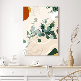 Obraz na płótnie Kolekcja #inspiredspace - rośliny - eukaliptus na beżowym tle z białymi okręgami