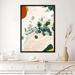 Obraz w ramie Kolekcja #inspiredspace - rośliny - eukaliptus na beżowym tle z białymi okręgami