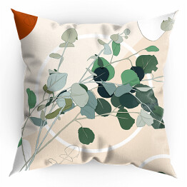 Poduszka Kolekcja #inspiredspace - rośliny - eukaliptus na beżowym tle z białymi okręgami
