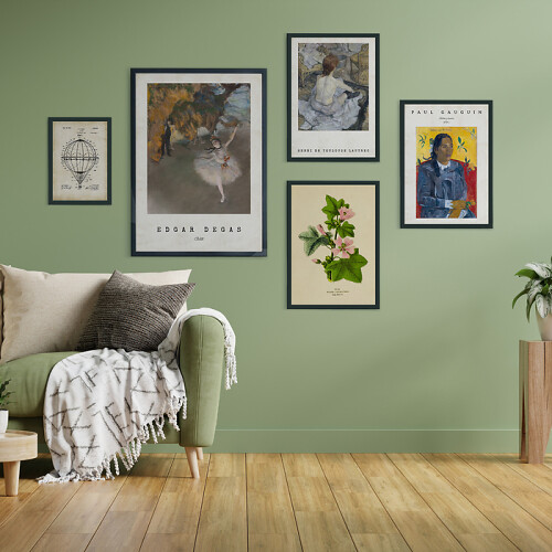 Galeria ścienna Zestaw plakatów na ścianę. Patenty na rycinach, rycina botaniczna oraz reprodukcje z passepartout Edgar Degas "Balet", Paul Gauguin "Tajlandzka Kobieta", Henri de Toulouse Lautrec "Rudowłosa kobieta podczas kąpieli"