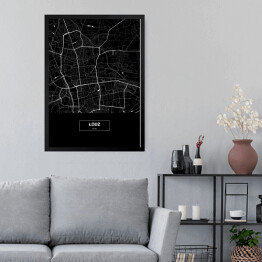 Obraz w ramie Mapa Łodzi czarno biała z podpisem na czarnym tle