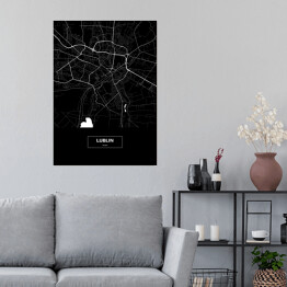 Plakat samoprzylepny Mapa Lublina czarno-biała z podpisem na czarnym tle