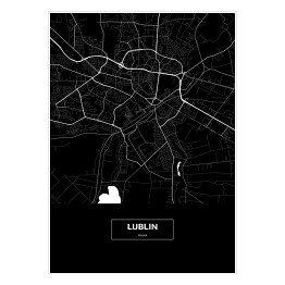 Plakat samoprzylepny Mapa Lublina czarno-biała z podpisem na czarnym tle