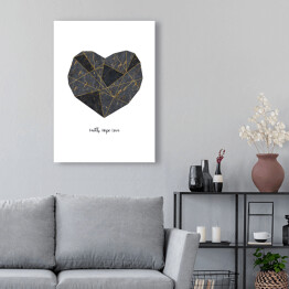 Obraz klasyczny "Faith. Hope. Love." - typografia z geometrycznym szaro czarno złotym sercem