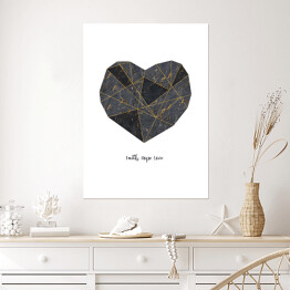 Plakat samoprzylepny "Faith. Hope. Love." - typografia z geometrycznym szaro czarno złotym sercem