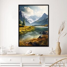 Plakat w ramie Poranek w górach krajobraz z rzeką