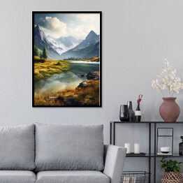 Plakat w ramie Poranek w górach krajobraz z rzeką
