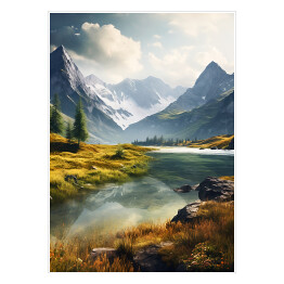 Plakat Poranek w górach krajobraz z rzeką