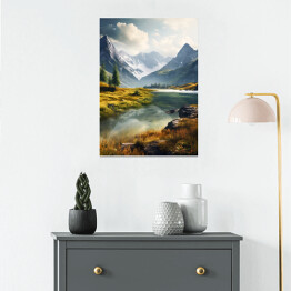 Plakat Poranek w górach krajobraz z rzeką