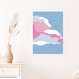Plakat Ilustracja - ptaki lecące nad pastelowymi chmurami