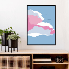 Plakat w ramie Ilustracja - ptaki lecące nad pastelowymi chmurami