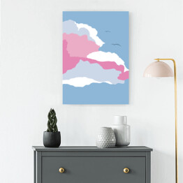 Obraz na płótnie Ilustracja - ptaki lecące nad pastelowymi chmurami