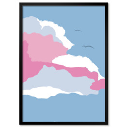 Plakat w ramie Ilustracja - ptaki lecące nad pastelowymi chmurami