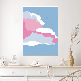 Plakat samoprzylepny Ilustracja - ptaki lecące nad pastelowymi chmurami