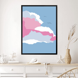 Obraz w ramie Ilustracja - ptaki lecące nad pastelowymi chmurami