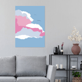 Plakat samoprzylepny Ilustracja - ptaki lecące nad pastelowymi chmurami