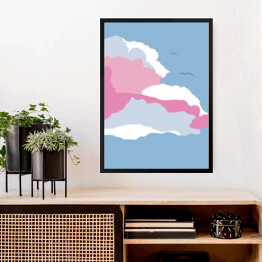 Obraz w ramie Ilustracja - ptaki lecące nad pastelowymi chmurami