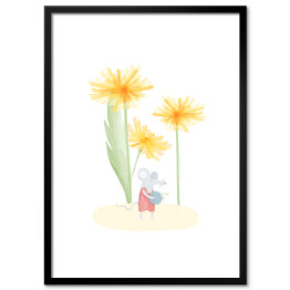 Plakat w ramie Mysz na łące z kwiatami mleczu