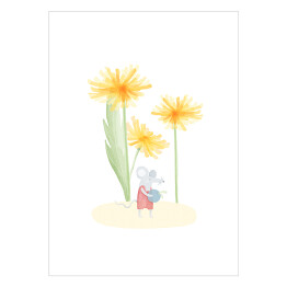 Plakat samoprzylepny Mysz na łące z kwiatami mleczu