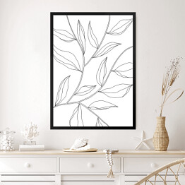 Obraz w ramie Rysowane czarno białe liście na gałęziach