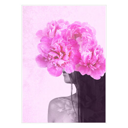Plakat samoprzylepny Brunetka za różowymi kwiatami