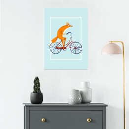Plakat samoprzylepny Lis na rowerze na miętowym tle