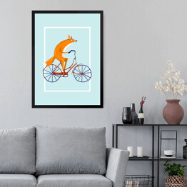 Obraz w ramie Lis na rowerze na miętowym tle